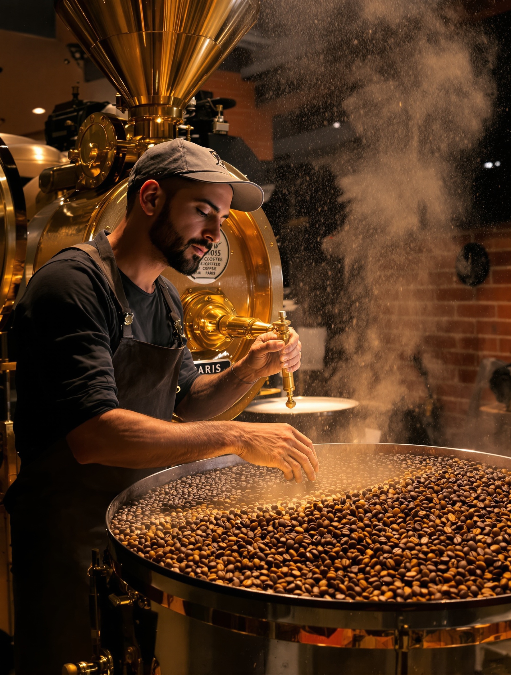 Un torréfacteur observe méticuleusement l'évolution chromatique du café, entre reflets jaunes et bruns riches.