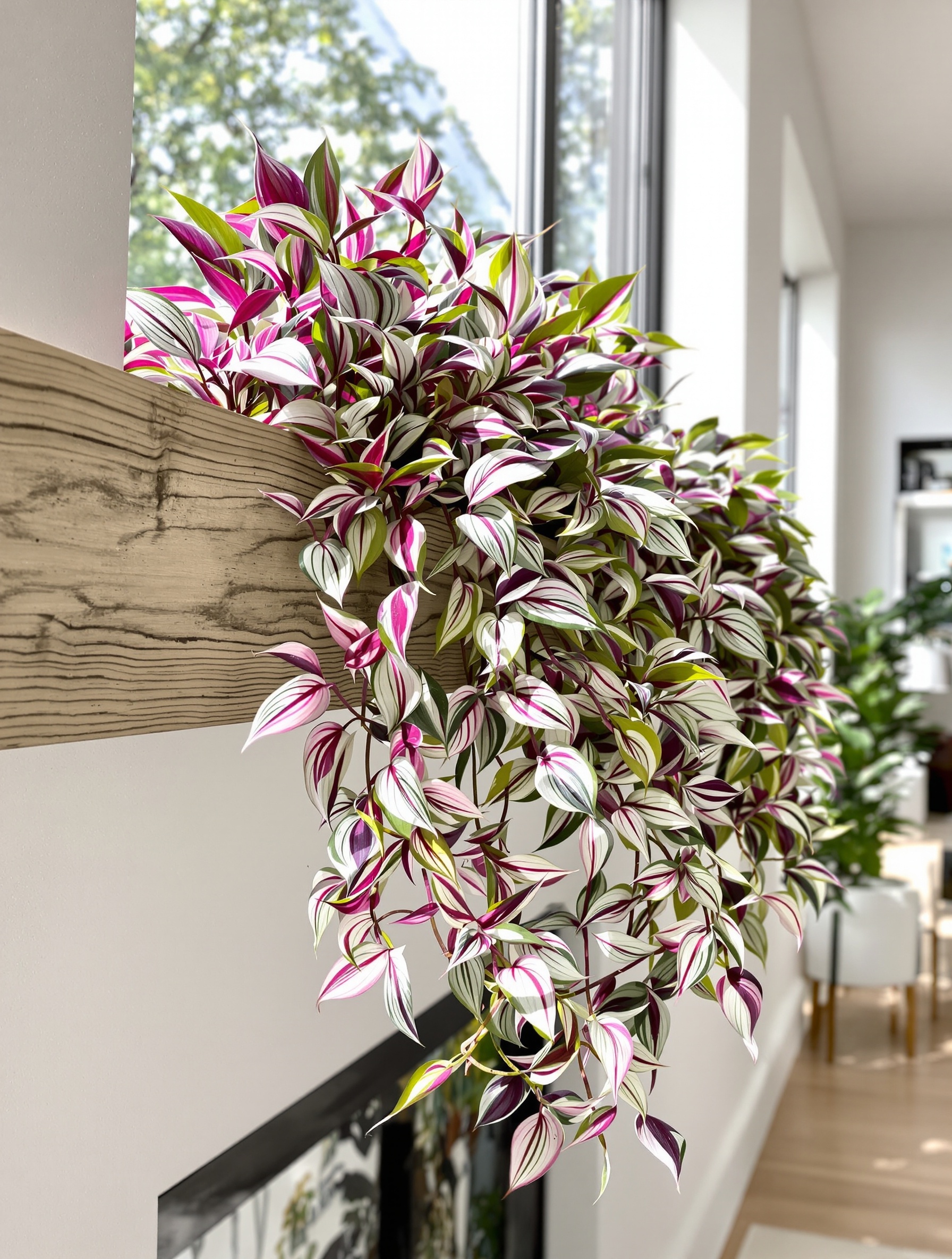 Tradescantia zebrina luxuriante en cascade pourpre argenté étagère bois brut intérieur moderne lumineux