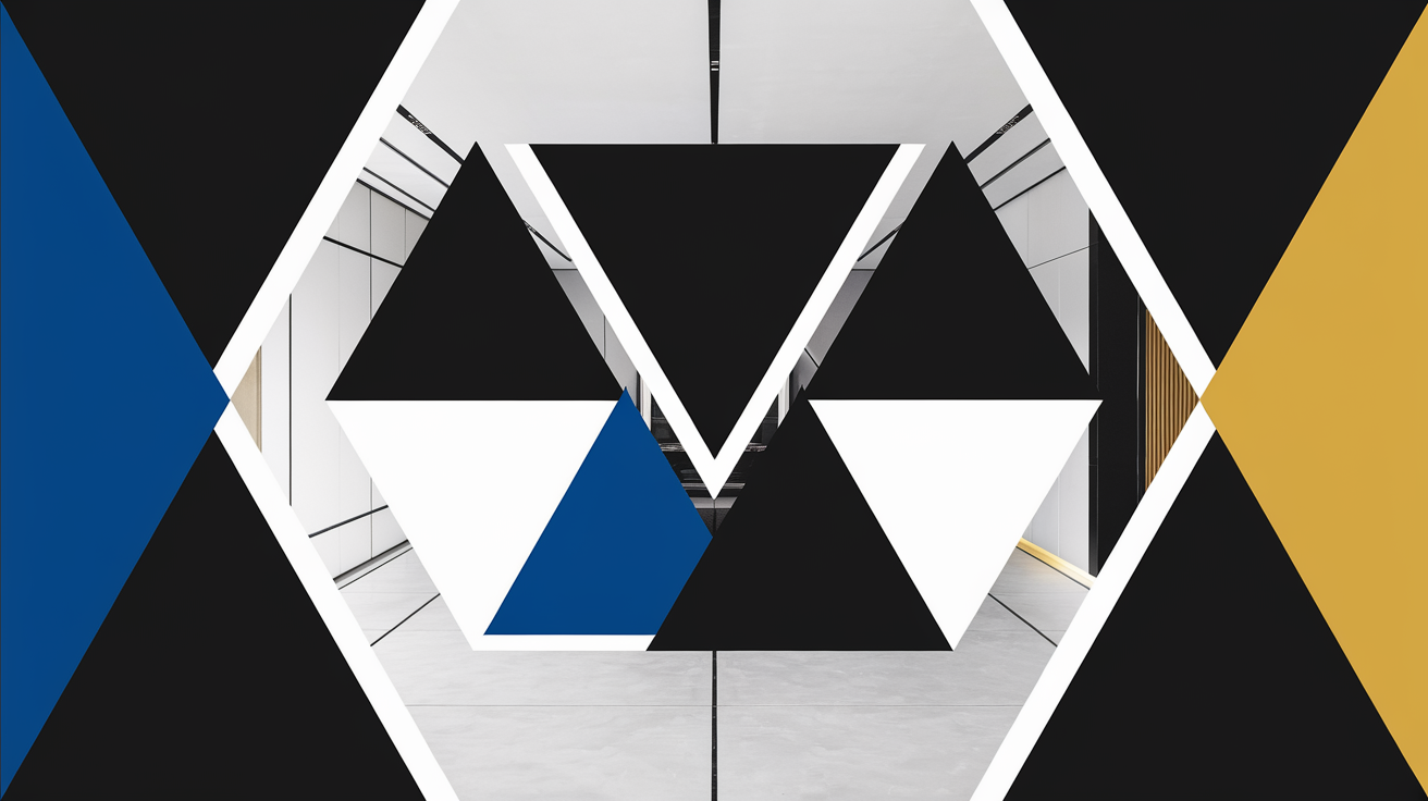 Triangles contrastés noir blanc bleu électrique jaune moutarde point focal mural