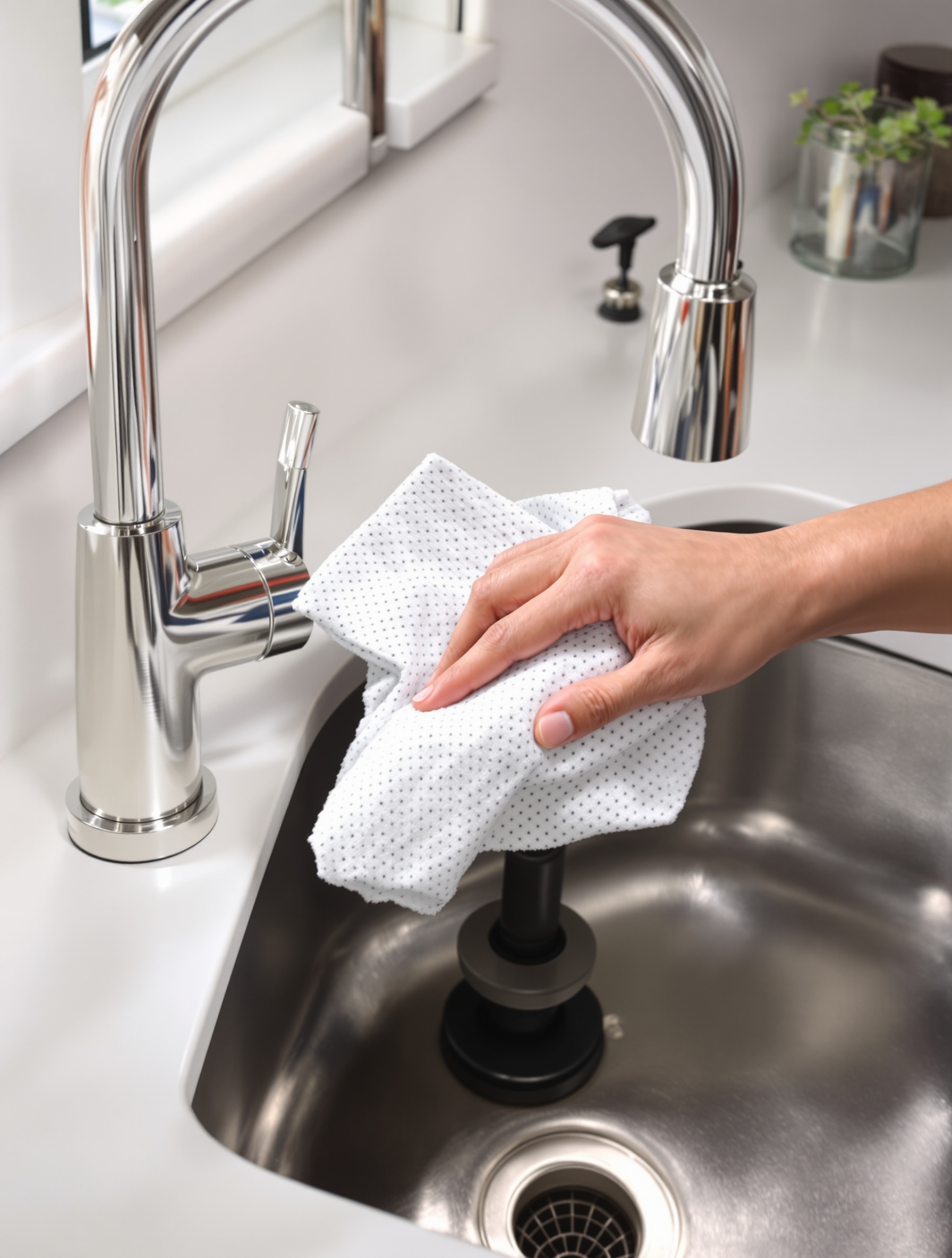 Utilisation stylée d'une ventouse sur évier propre, main bouchant le trop-plein avec un chiffon