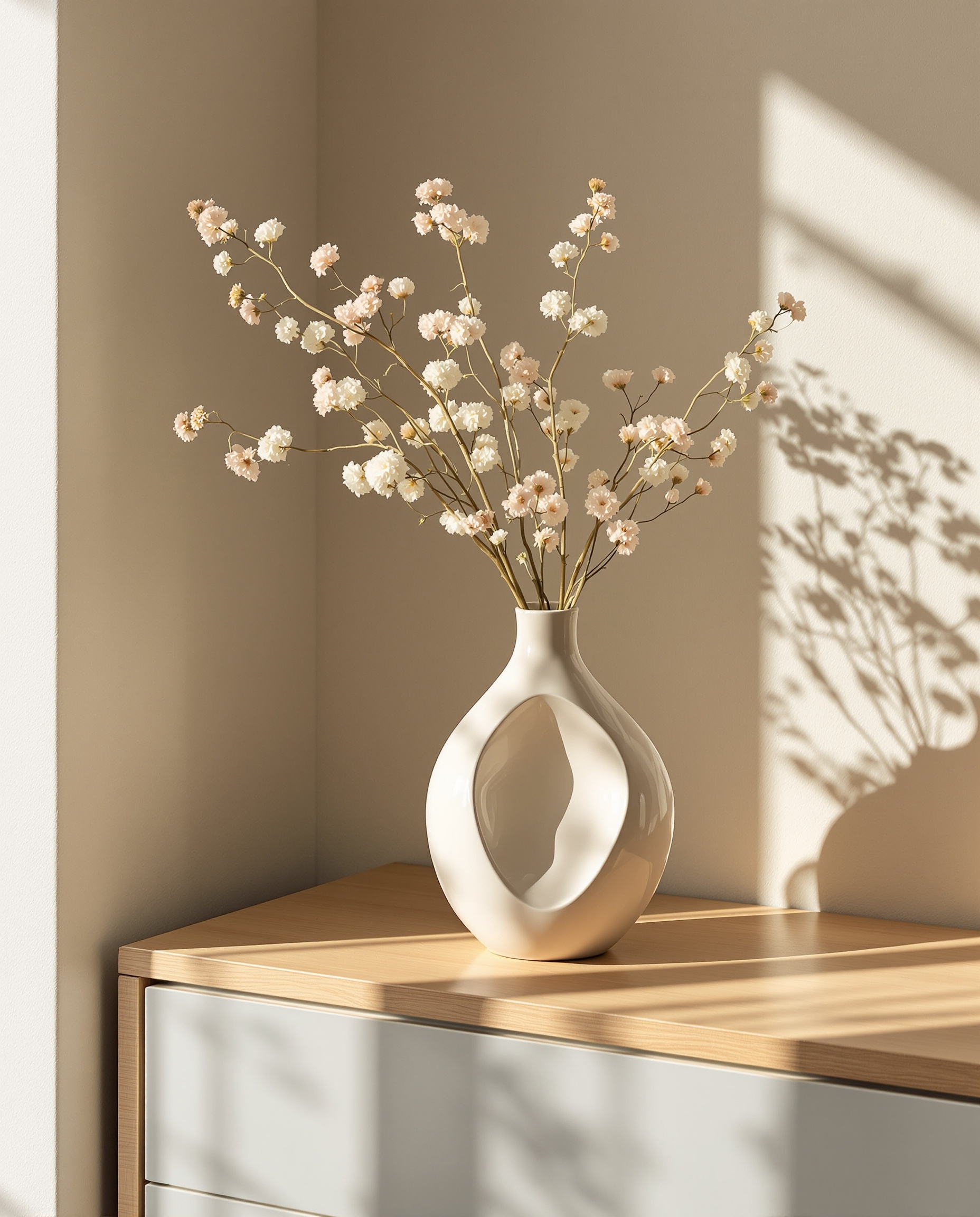 Un vase contemporain aux formes douces et aux couleurs apaisantes, posé sur une commode, symbolisant la sérénité et l'élégance.