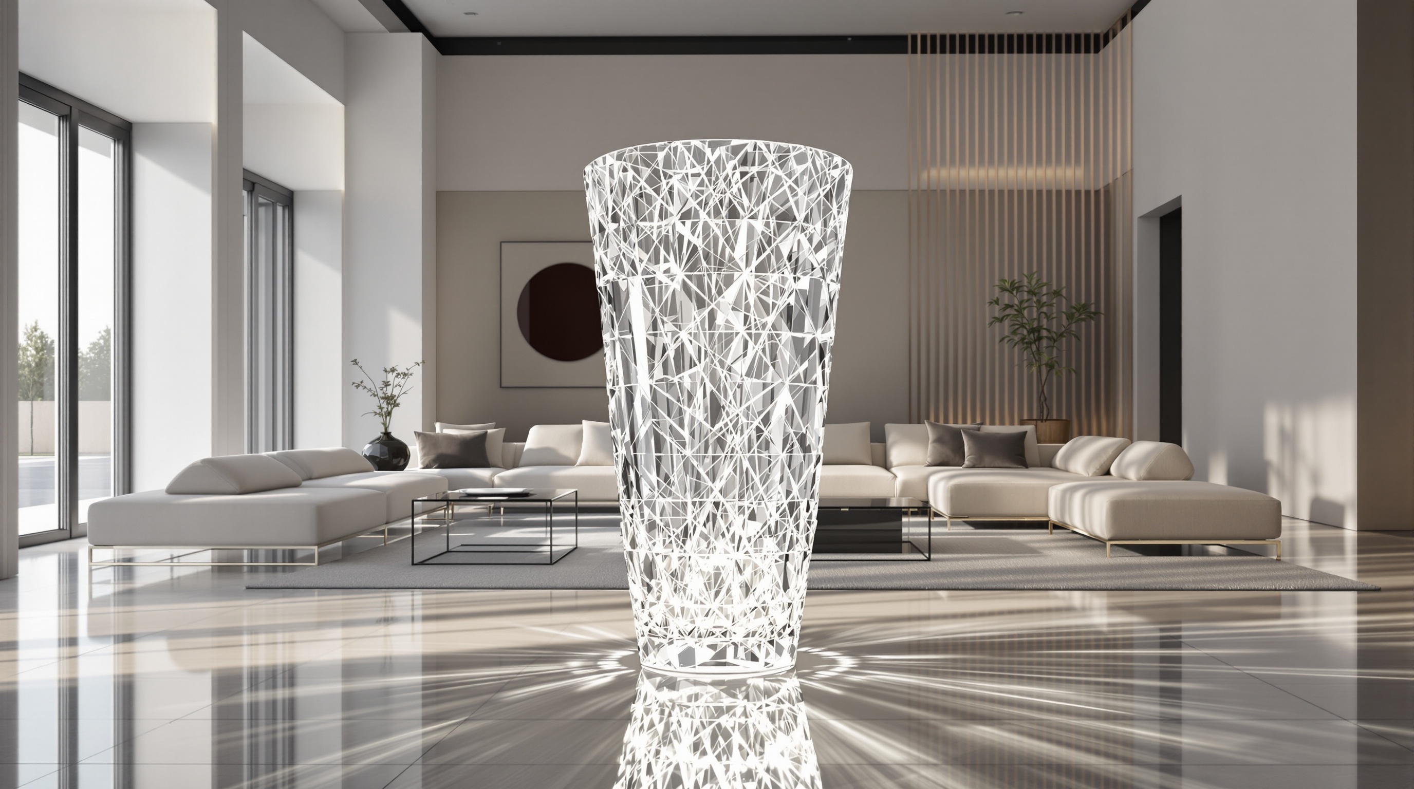 Grand vase cristal Art Déco posé au sol dans salon contemporain