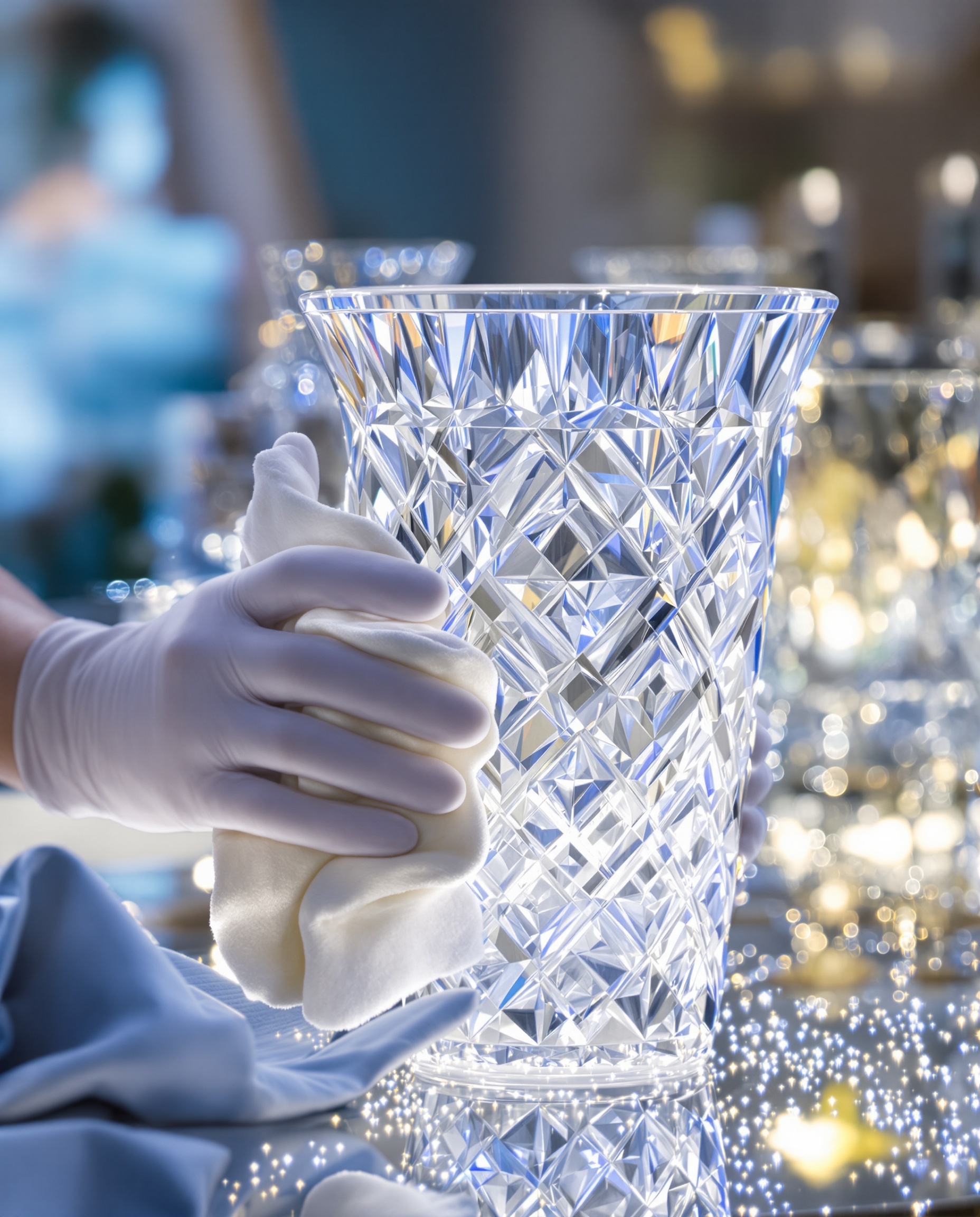 Nettoyage délicat d'un vase en cristal de Bohême sur table lumineuse.