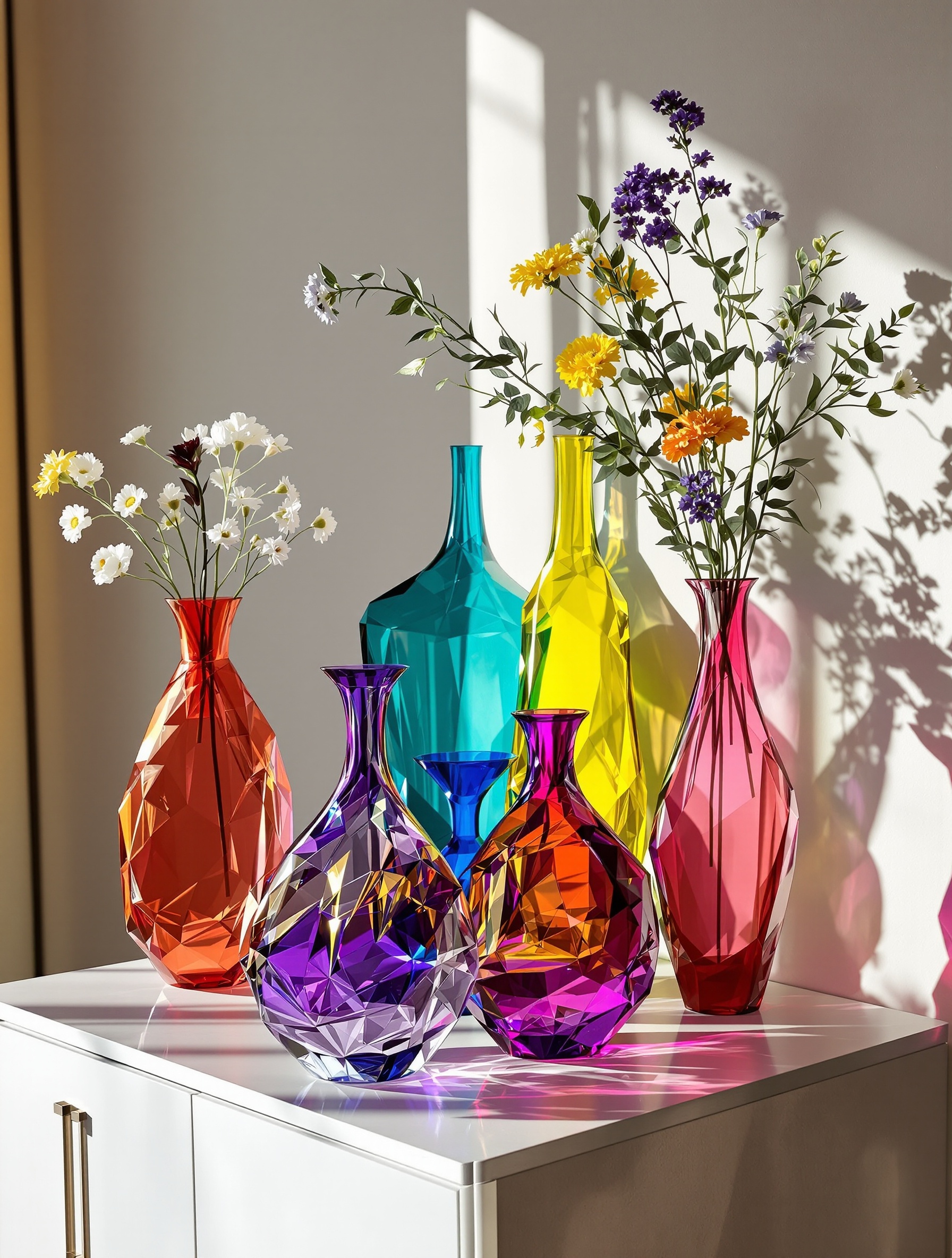 Vases en cristal Saint Louis aux formes sculpturales et couleurs vives sur buffet contemporain.