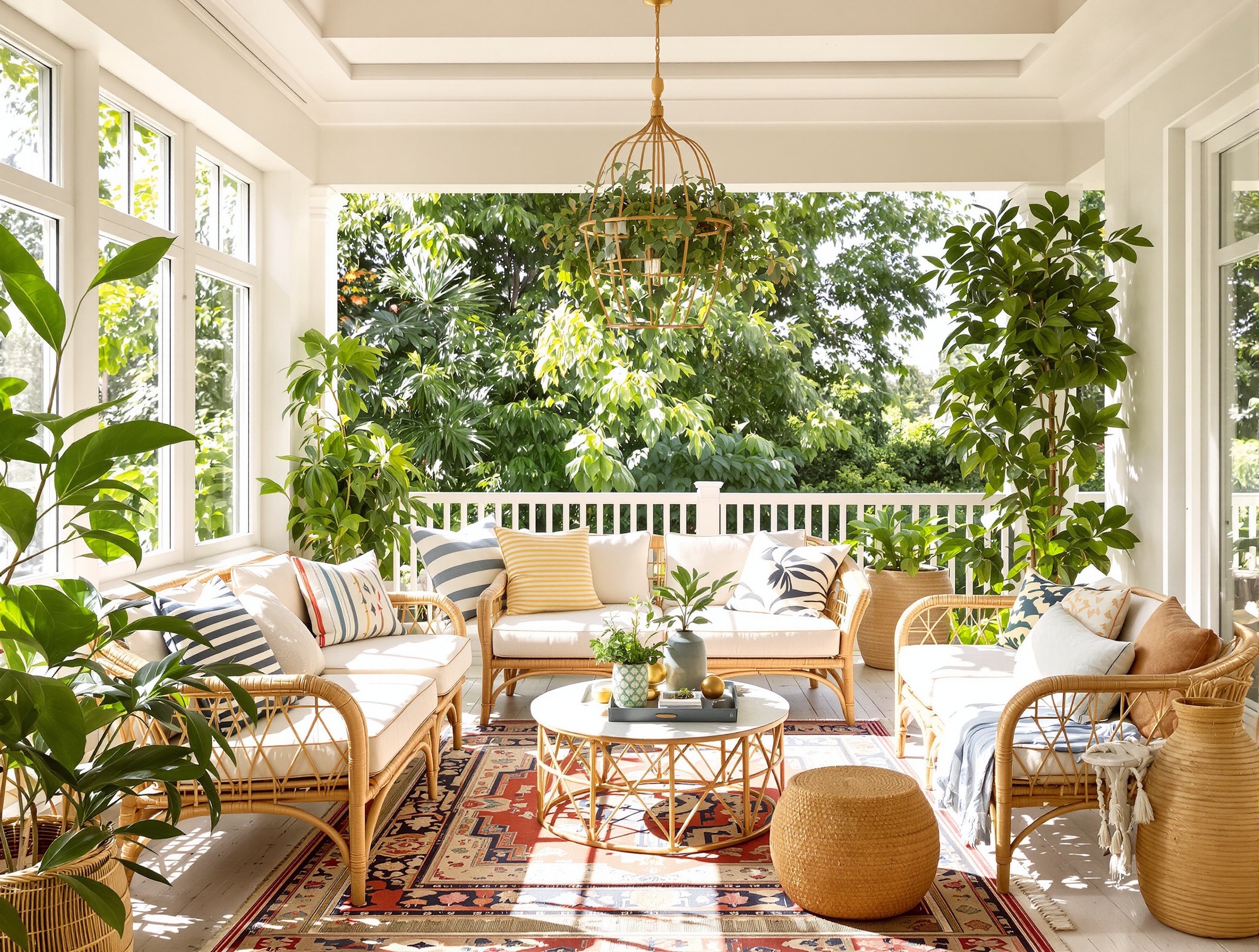 Véranda lumineuse style bohème chic végétation luxuriante