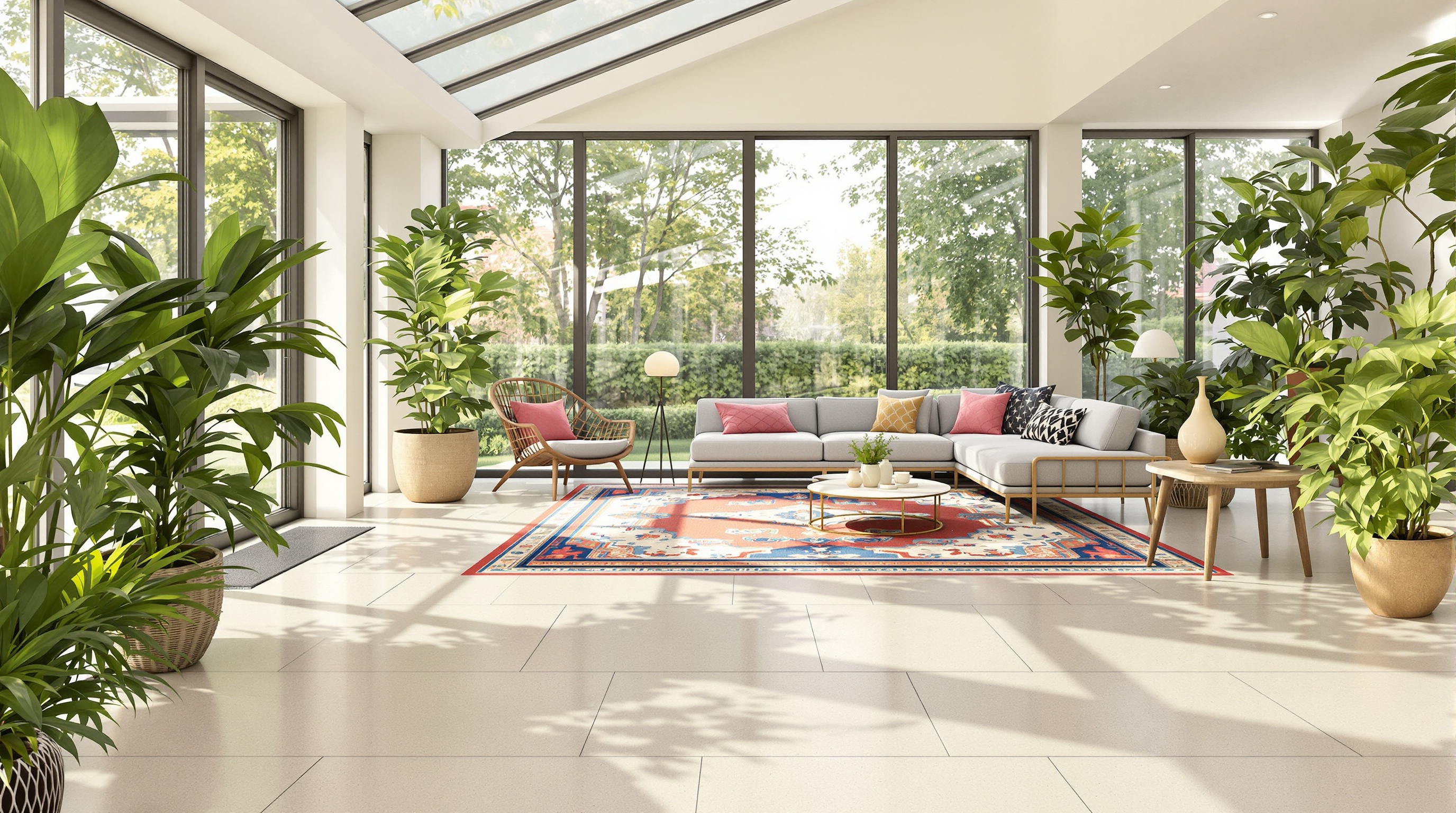 Sol carrelage clair grand format pose diagonale véranda lumineuse chic bohème