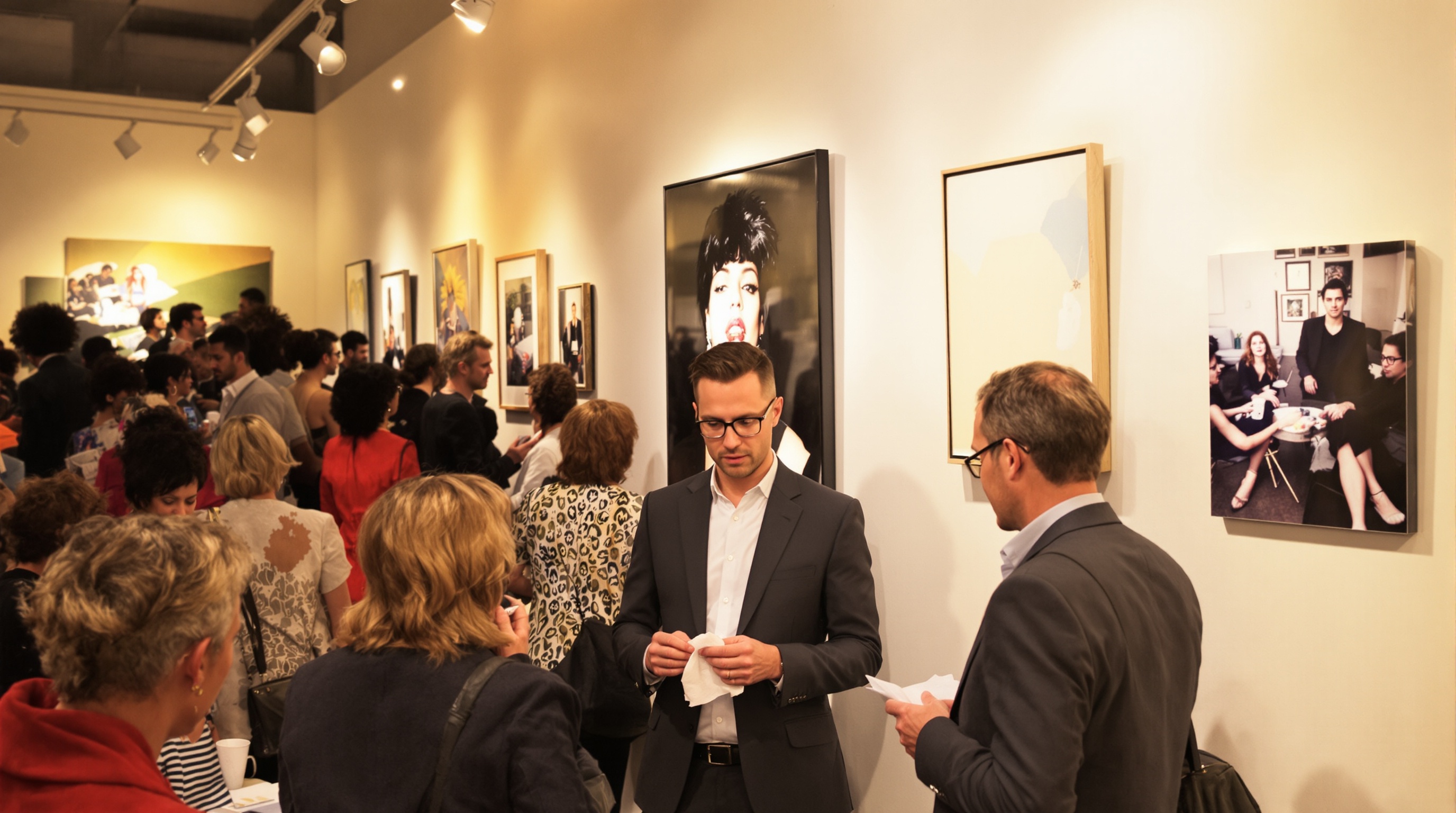 Scène de vernissage dans une galerie parisienne, public éclectique et détail incongru.