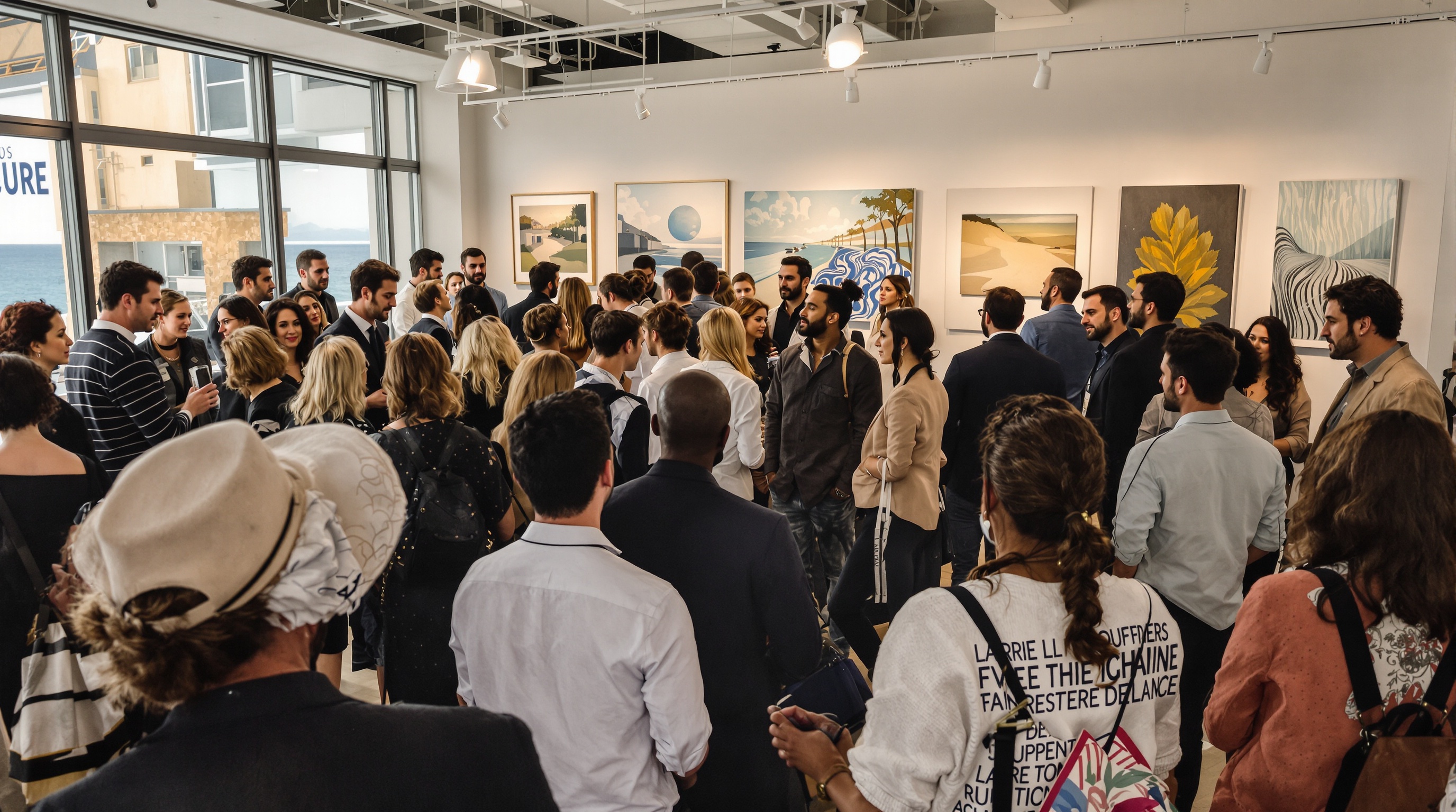 Vernissage animé à la galerie L'Oeil du Prince, avec public et artistes en interaction à Biarritz.