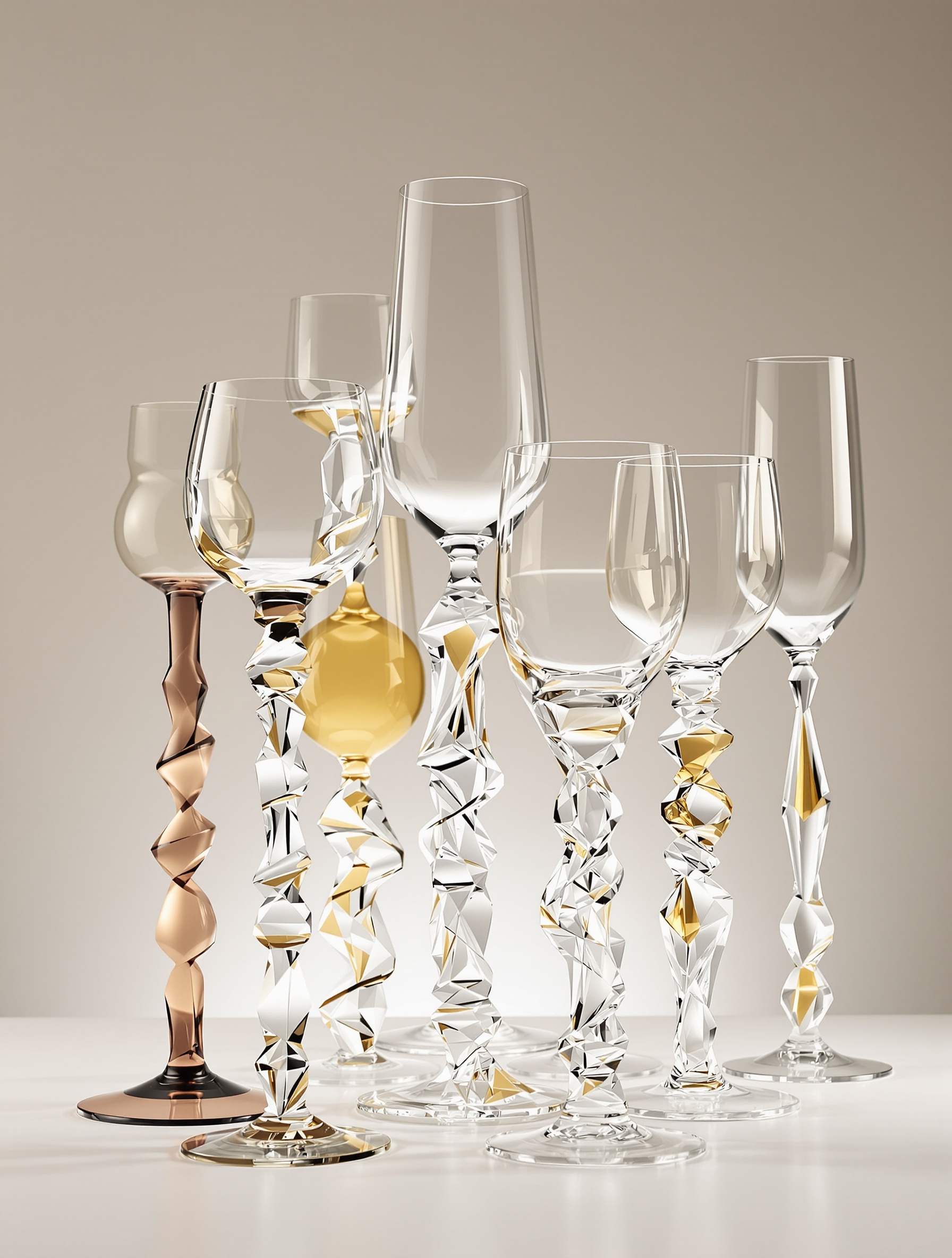 Composition de verres à pied aux formes sculpturales et inattendues
