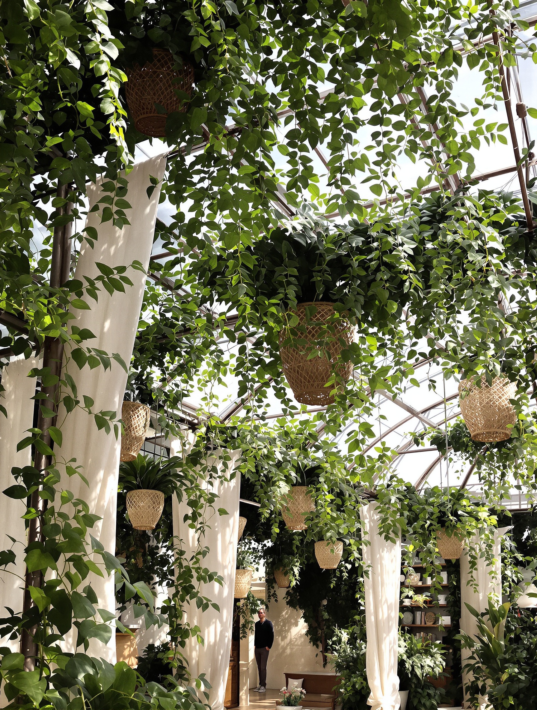 Verrière bohème métal rotin plantes tissus légers ambiance chaleureuse