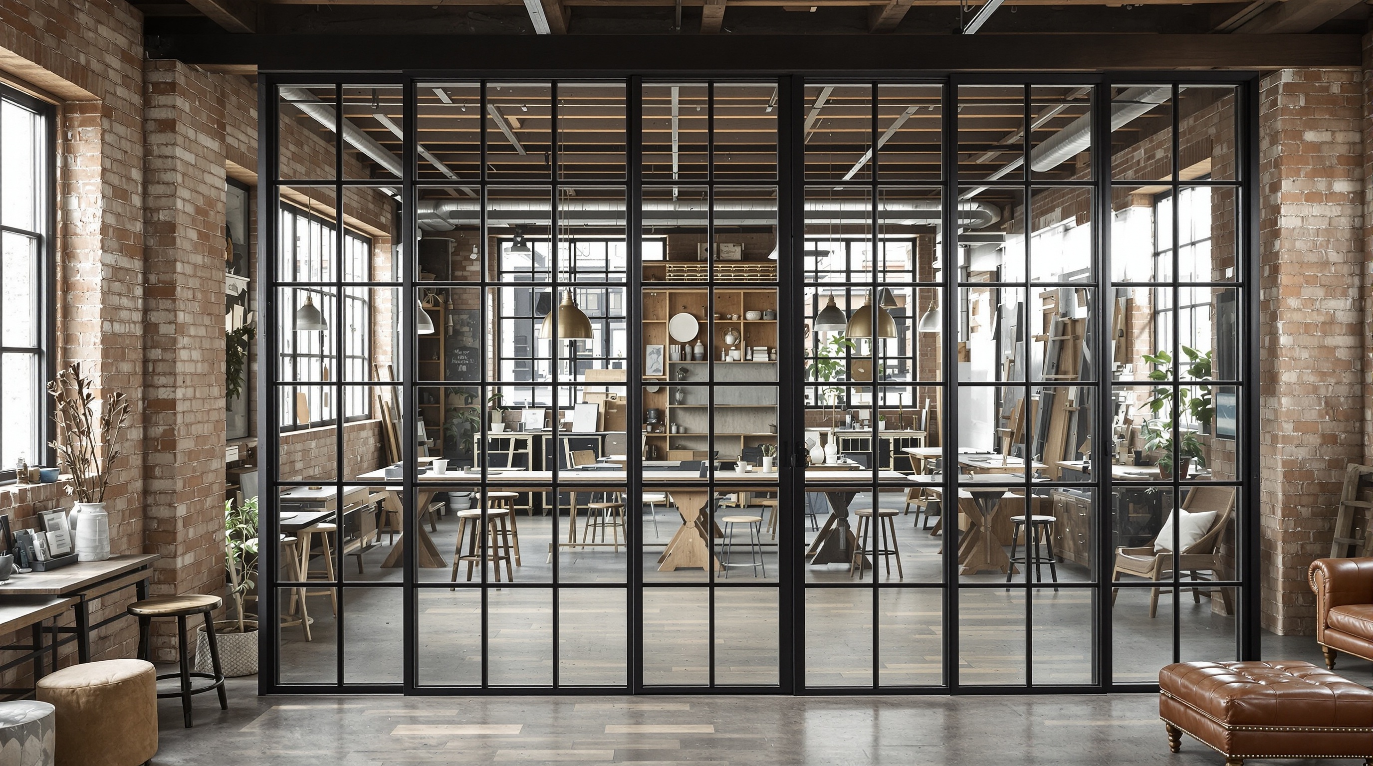 Verrière industrielle métallique noire atelier loft bois cuir