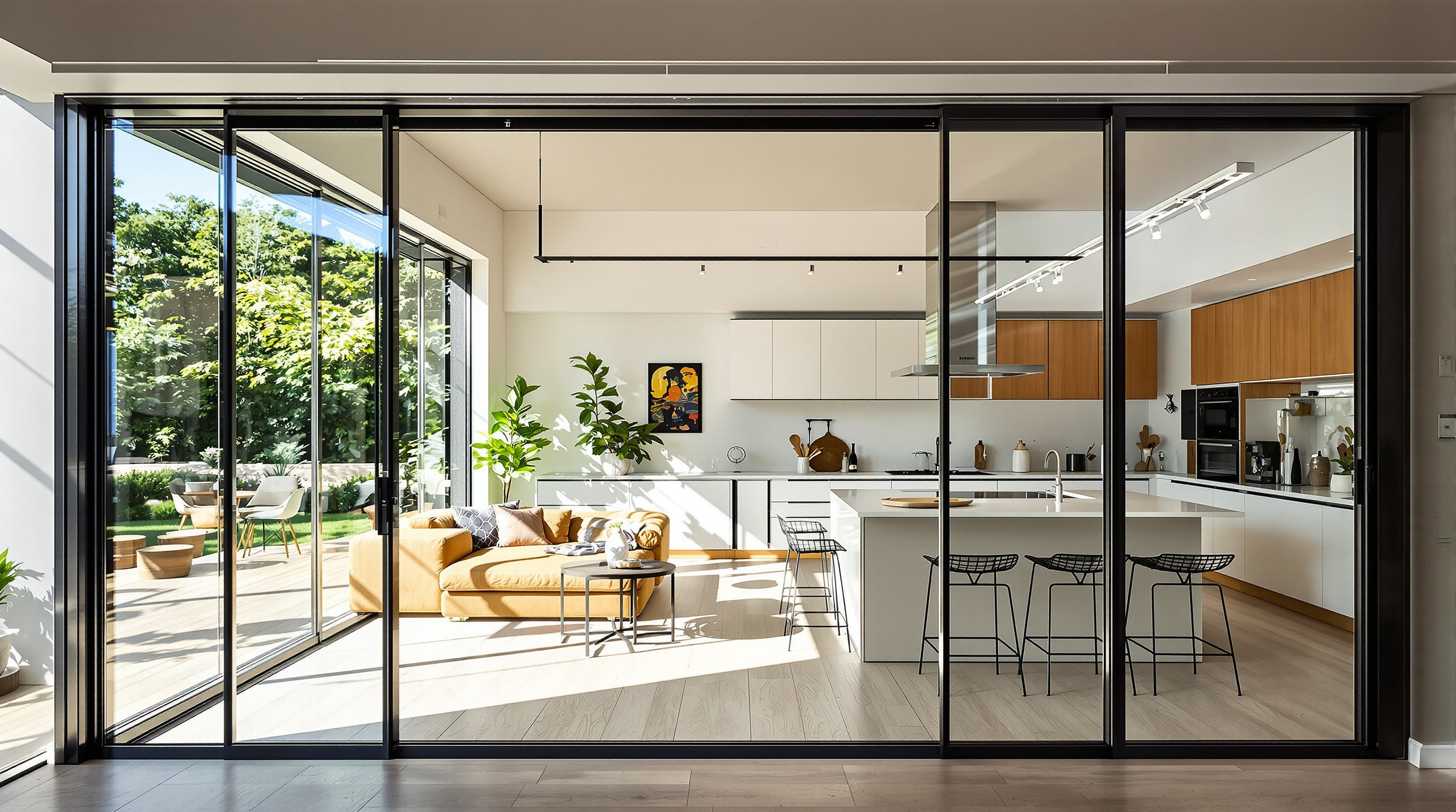 Verrière moderne séparant salon cuisine bar passe-plat