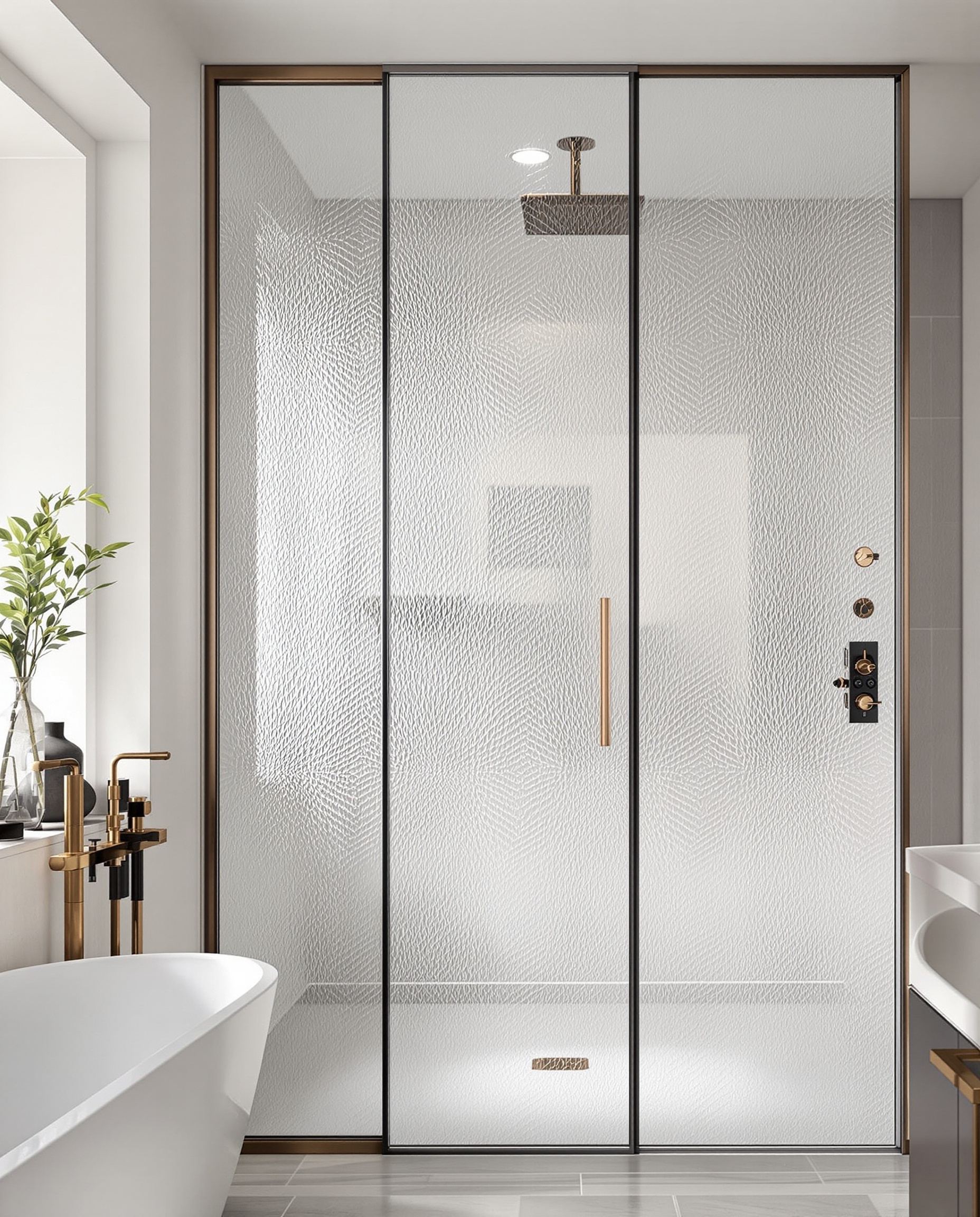 Verrière élégante salle bains verre texturé douche italienne