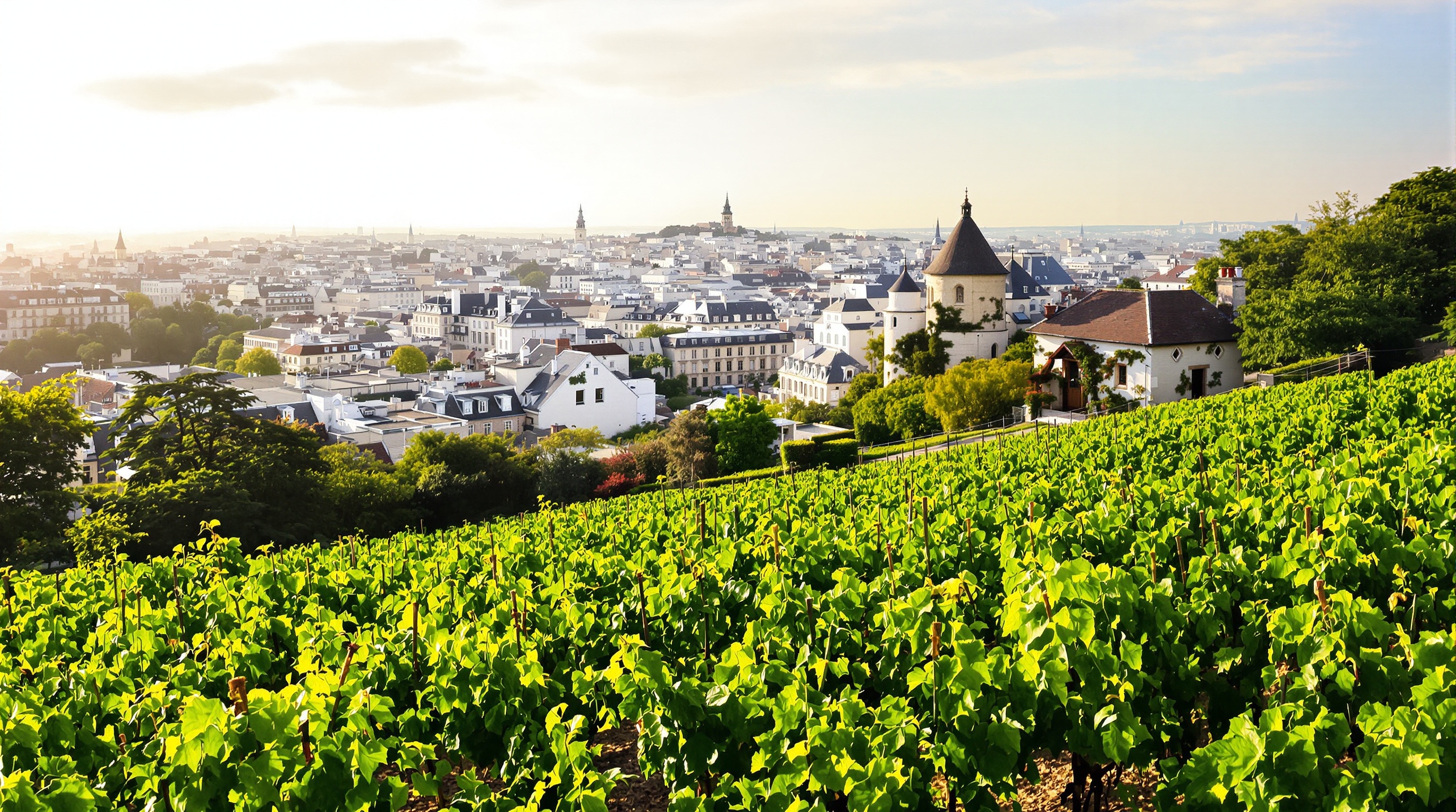 Vignes du Clos Montmartre sur les pentes verdoyantes; cabane de vigneron et toits parisiens en arrière-plan.