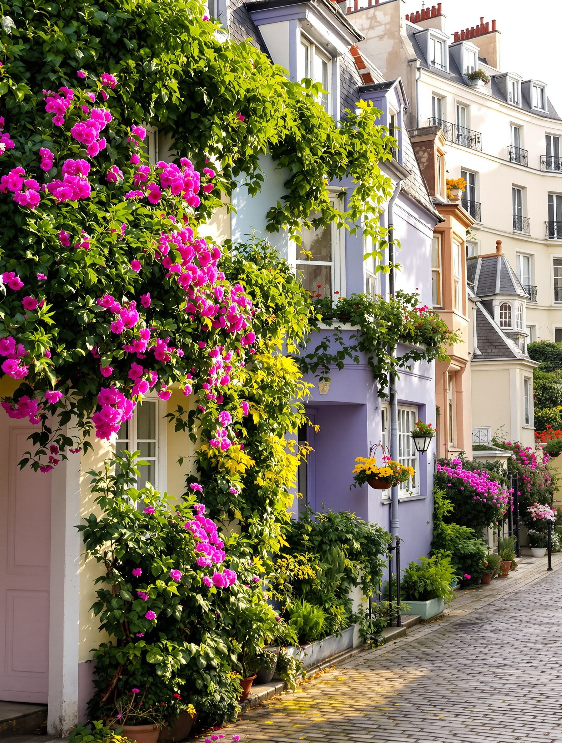 Villa Léandre : impasse fleurie et paisible, maisons anglo-normandes colorées sous la lumière matinale à Montmartre.
