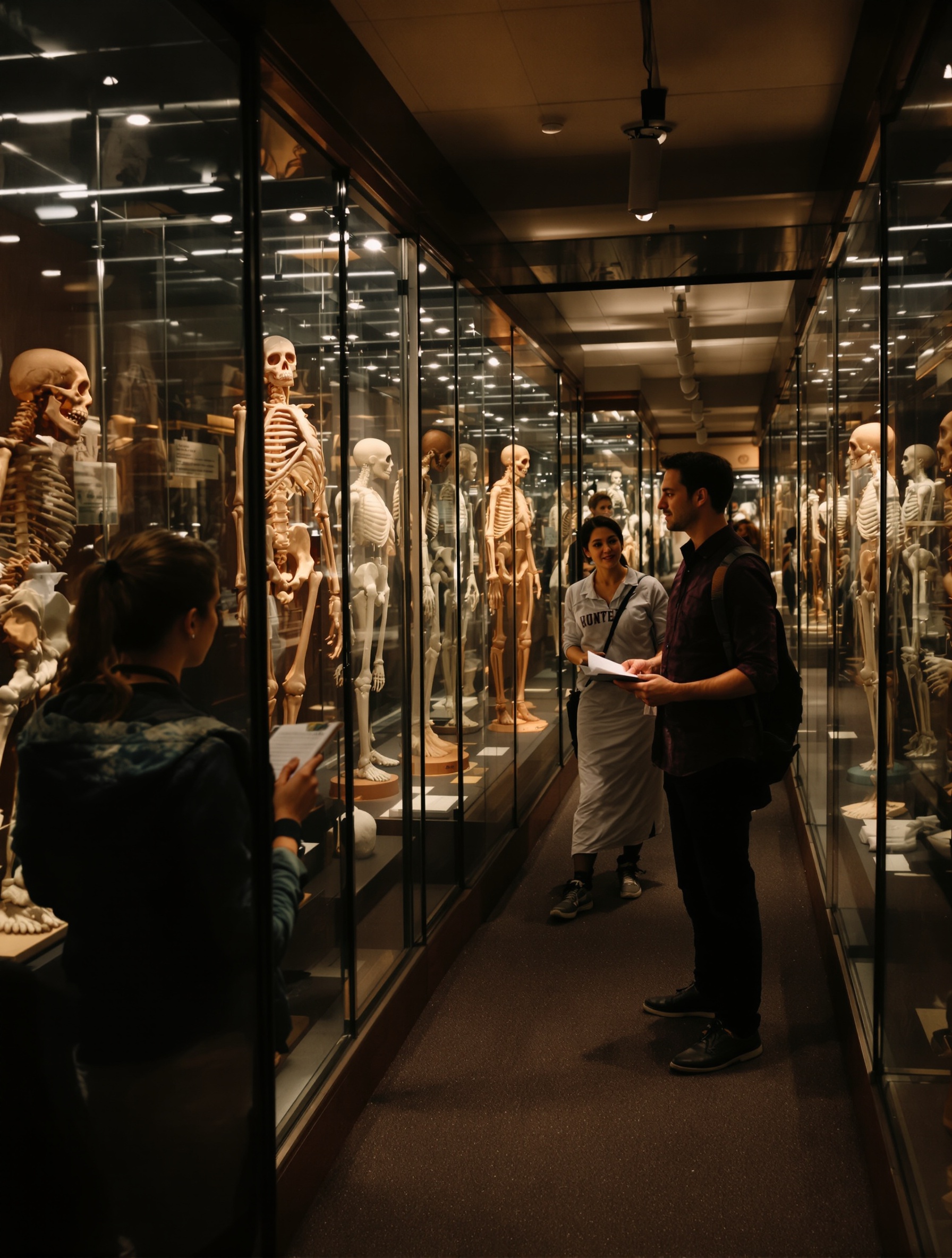 Visite dans un musée d’anatomie : adultes fascinés devant une vitrine de moulages en cire, ambiance feutrée entre contemplation et recueillement.