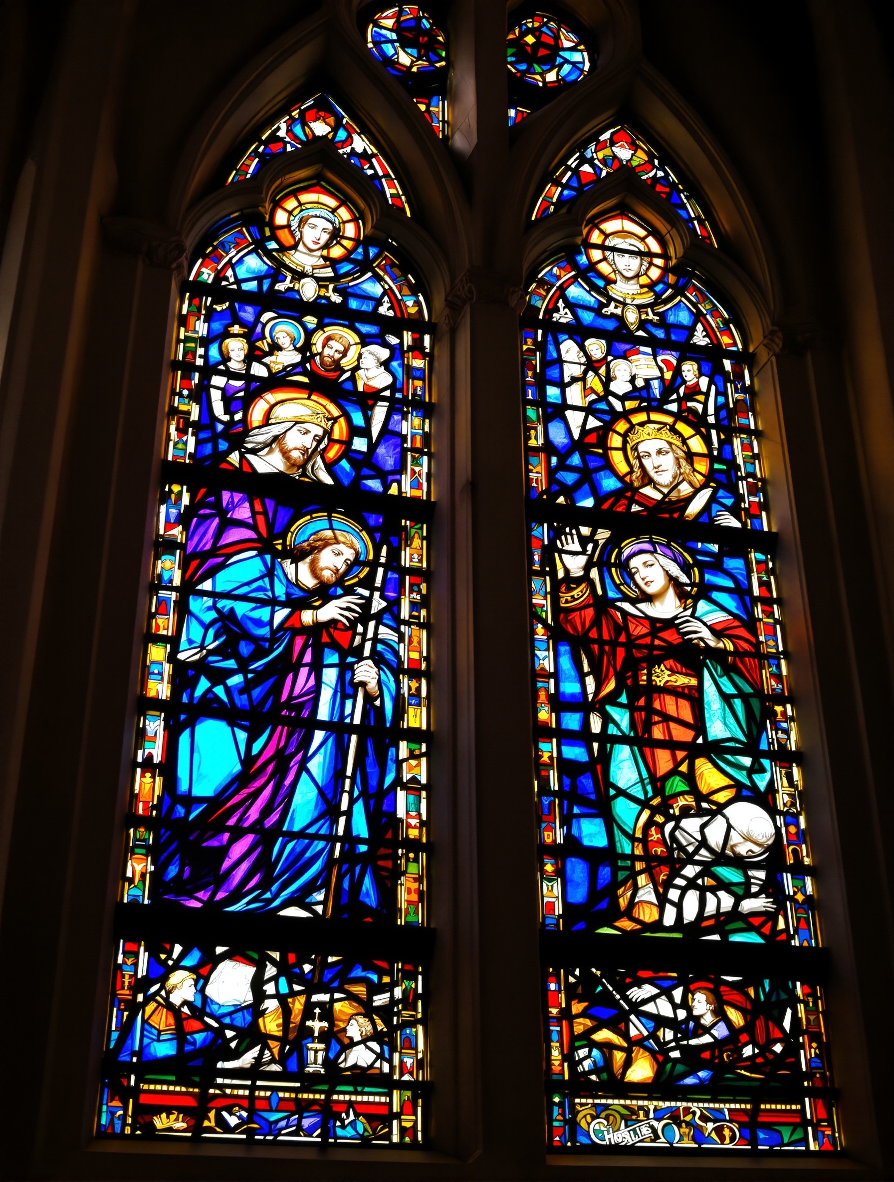 Gros plan sur un vitrail de la Cathédrale de Chartres, montrant des scènes bibliques baignées d'une lumière bleue intense.