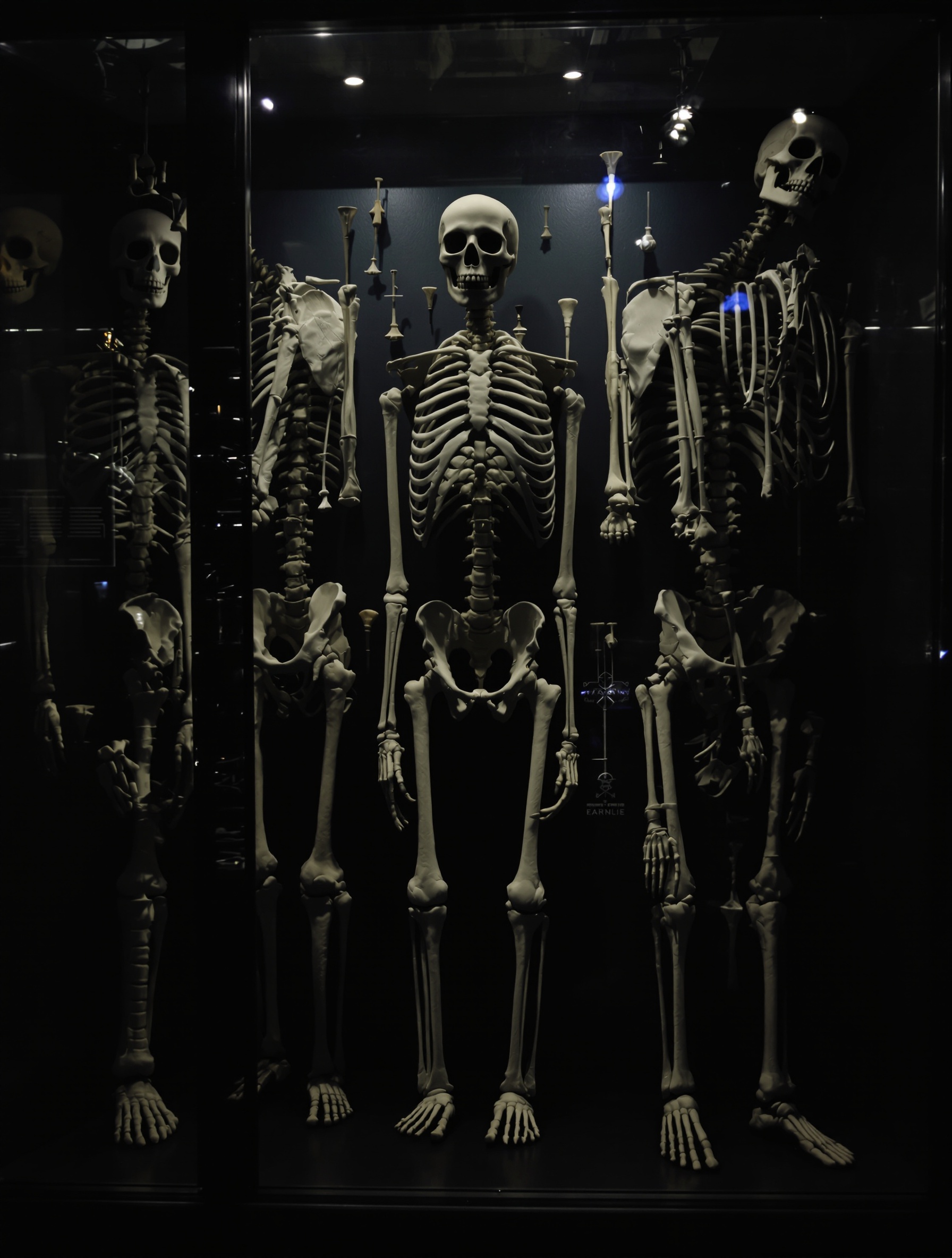 Vitrine ancienne du Musée Orfila à Paris avec squelettes et moulages en cire