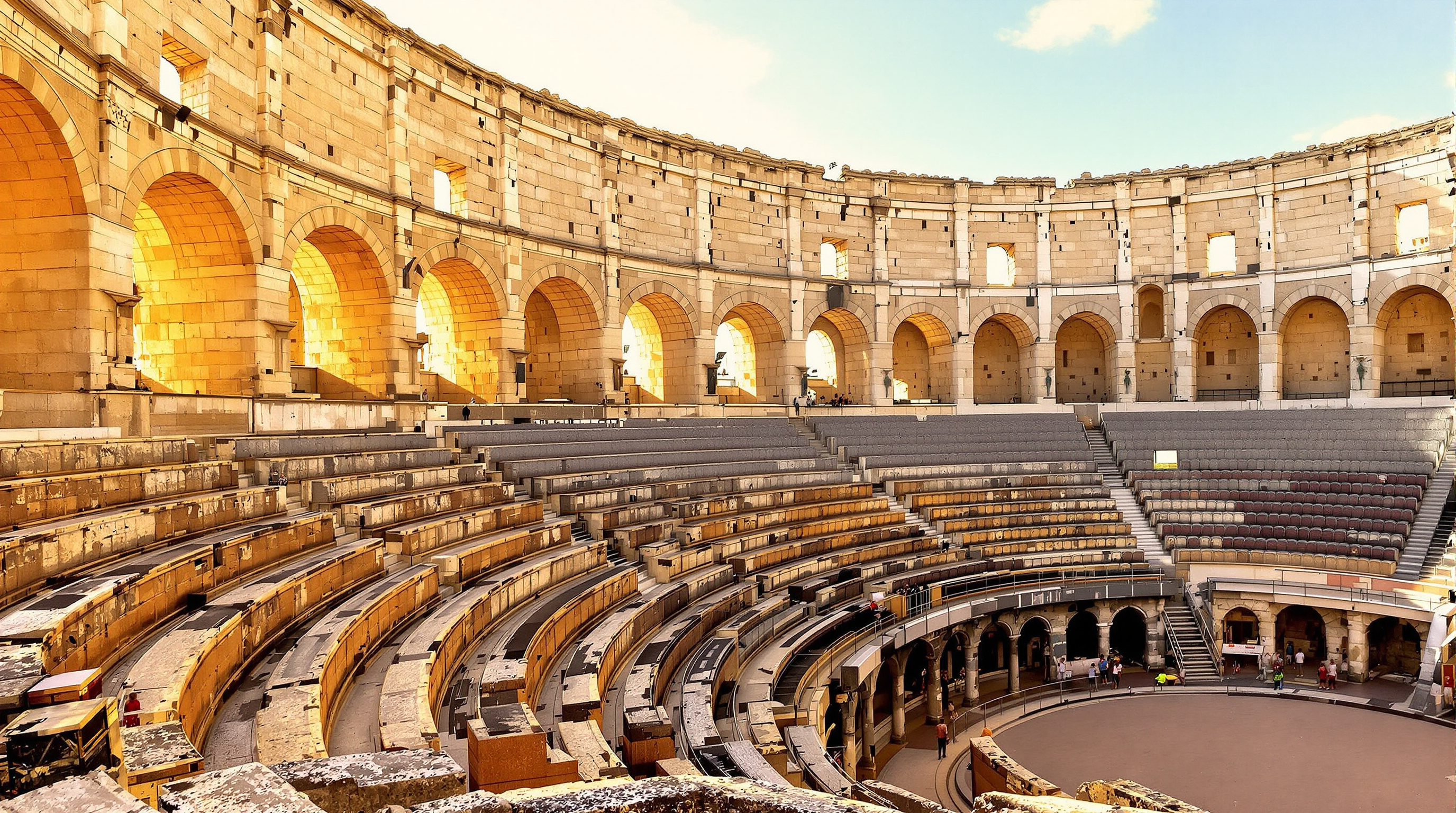 Vue intérieure majestueuse de l'Amphithéâtre romain d'Arles, baignée de la lumière dorée de fin de journée. Les gradins de pierre racontent 2000 ans d'histoire.