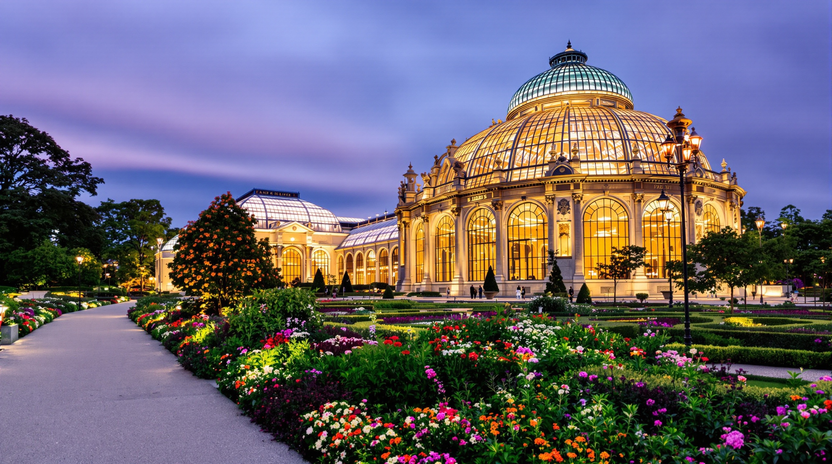 Vue du Jardin des Plantes à Paris au crépuscule avec la Grande Galerie de l'Évolution