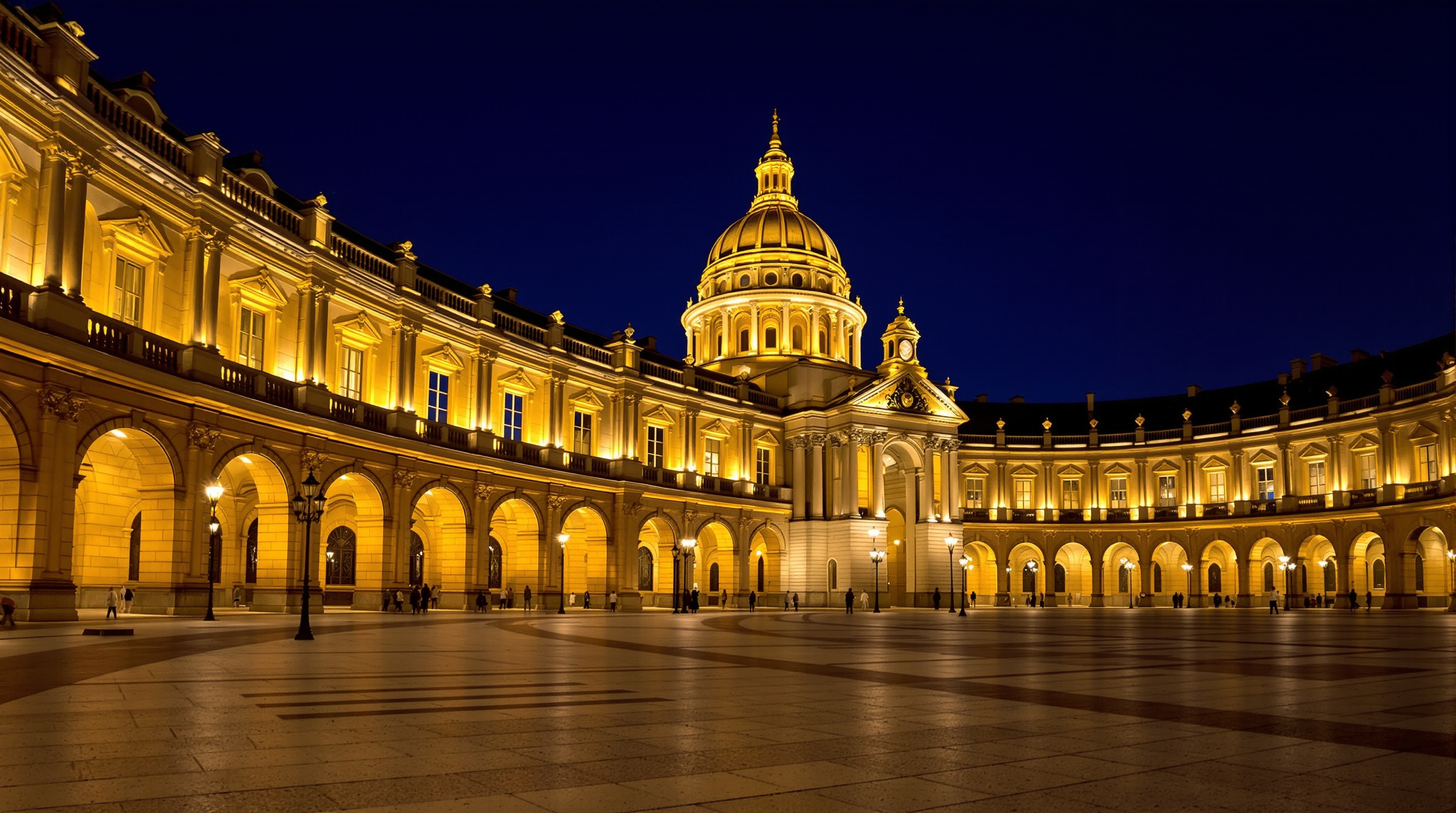 Vue nocturne de la Cour d'Honneur des Invalides illuminée avec le Dôme scintillant.