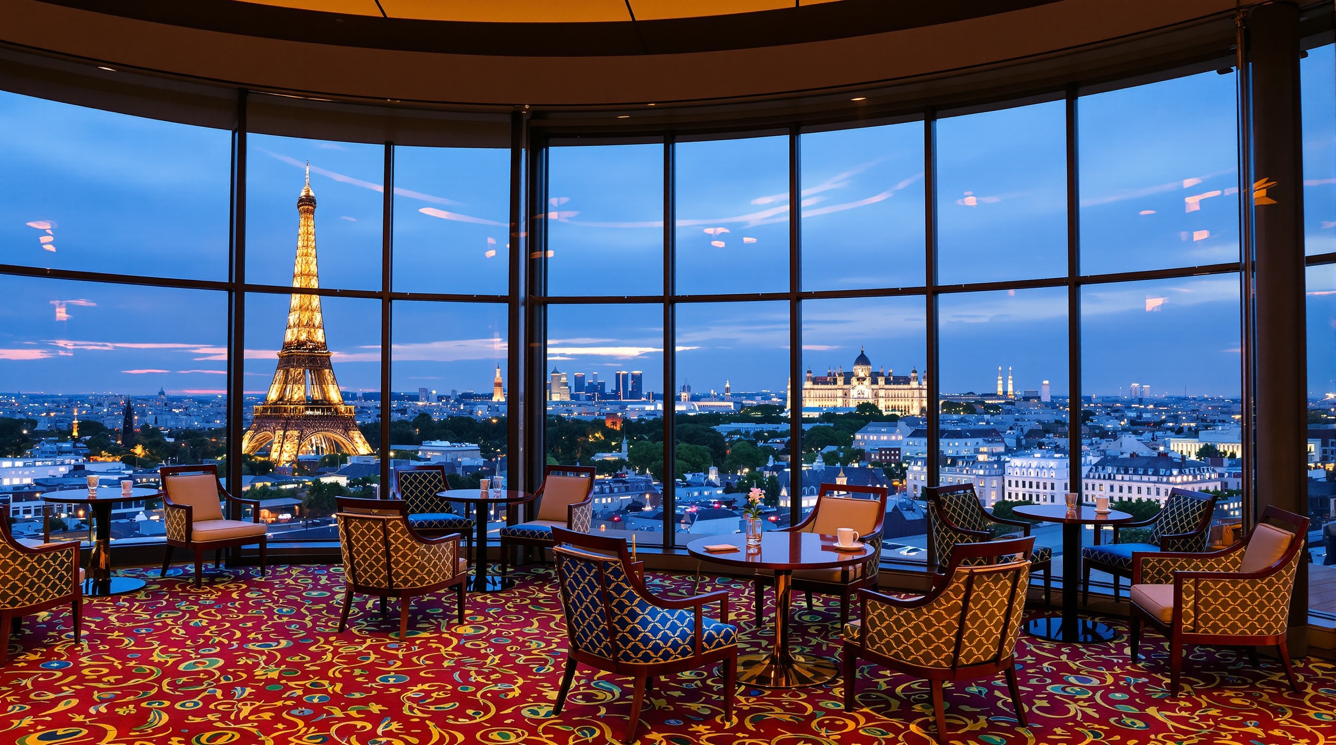 Vue panoramique du Ciel de Paris avant sa fermeture avec moquette années 80 et Tour Eiffel.